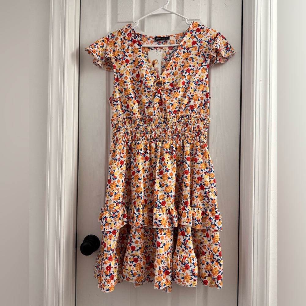 Pink and White Flutter Sleeve V-Neck Sundress